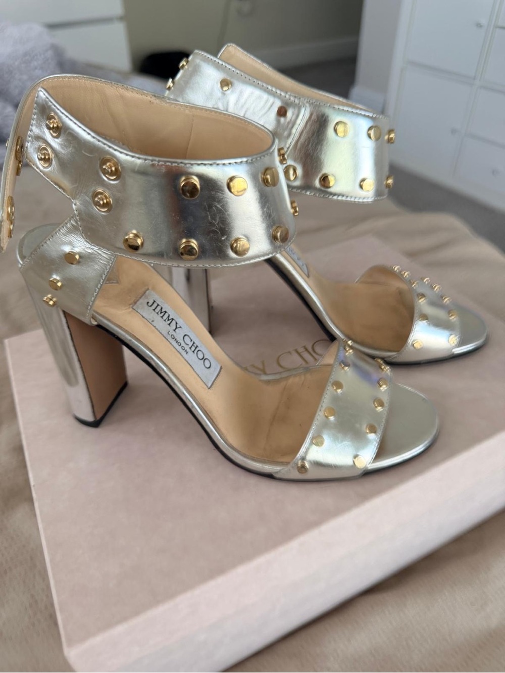 Jimmy Choo Metallic Gold Studded Block Heel Sandals